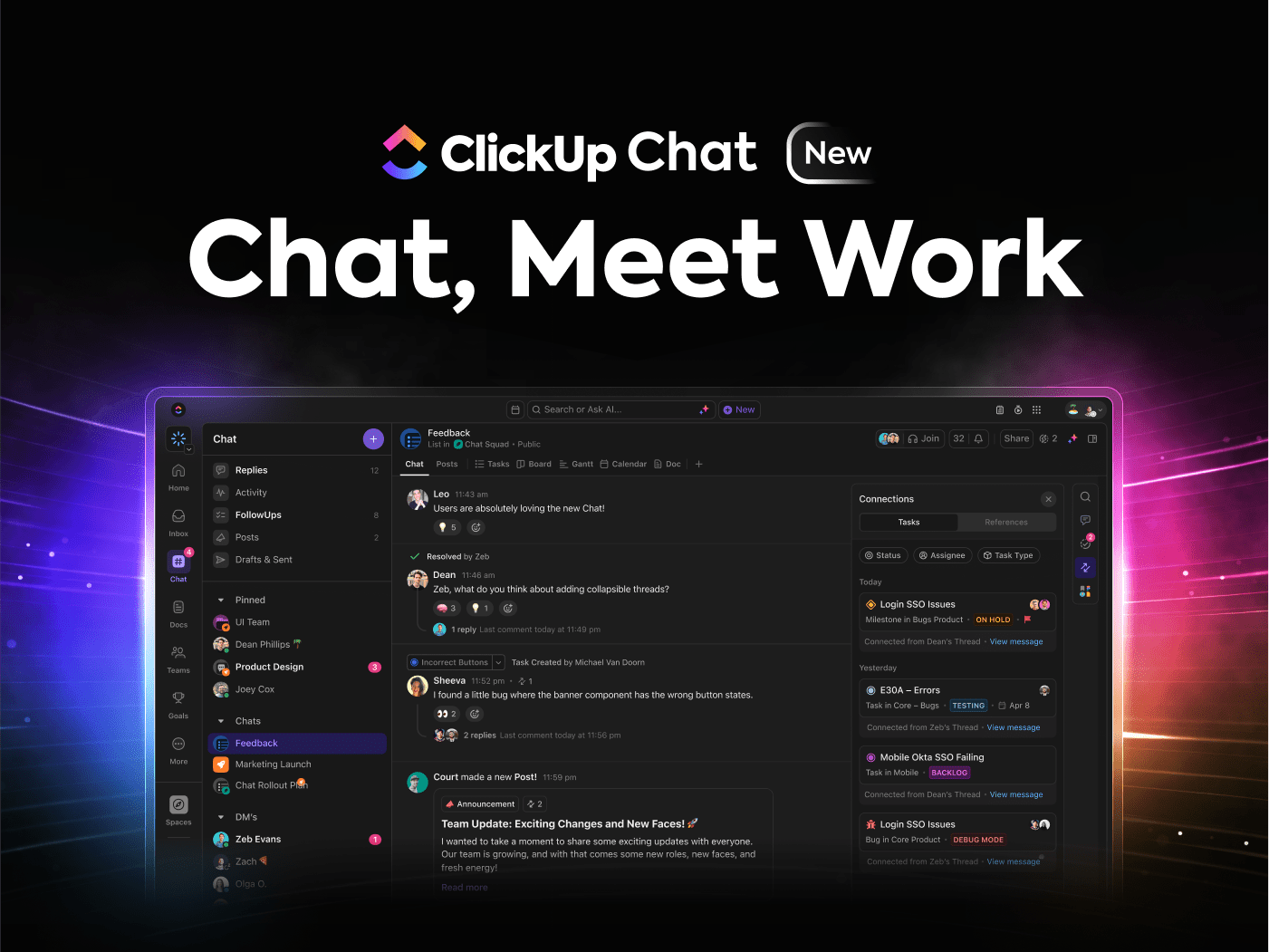 ClickUp Chat UI in ClickUp with tasks and chat channels