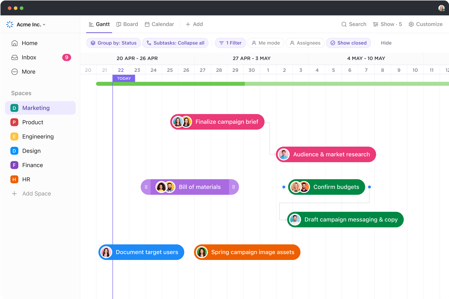 Group, filter, or hide tasks in ClickUp 3.0 Gantt charts to track and connect workflows across all your work