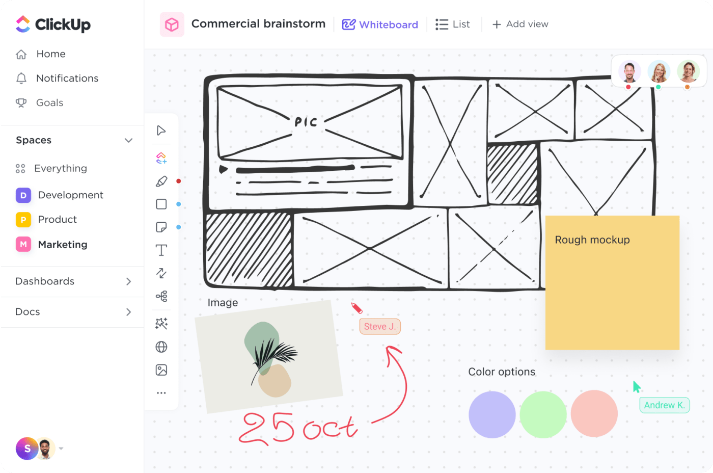 Mockup drawings and brainstorming on ClickUp Whiteboards