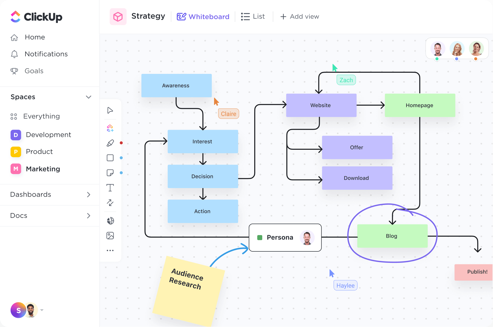 image of a clickup whiteboard marketing brainstorm session